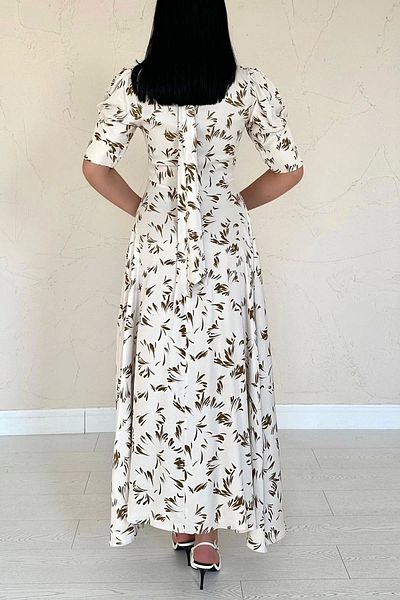 HELİS BUTİK Ecru Brown Patterned Maxi Length Satin Dress with Back Tie Detail