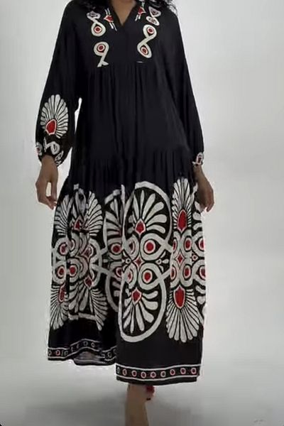 AYASOFYA OTANTIK Rochie lungă lejeră, neagră, cu guler cu nasturi, cu mâneci cu balon