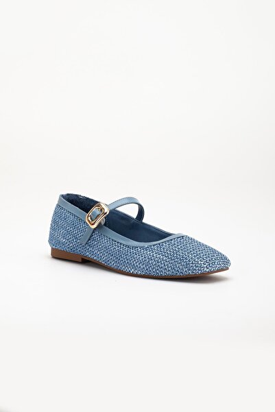 Dilimler Ayakkabı Women's Ballet Blue Straw Detailed Helmet Blunt Toe