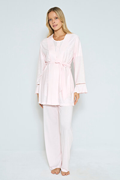 Feyza طقم بيجامة للحوامل (الحمل) مكون من 3 قطع بأكمام مكشكشة وردية اللون للنساء