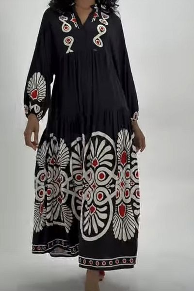 AYASOFYA OTANTIK Rochie lungă lejeră, neagră, cu guler cu nasturi, cu mâneci cu balon