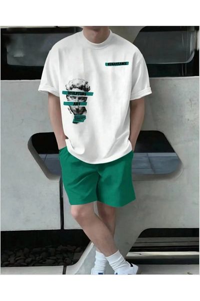 Sky Light Unisex White Printed T-Shirt-Green Shorts-Summer