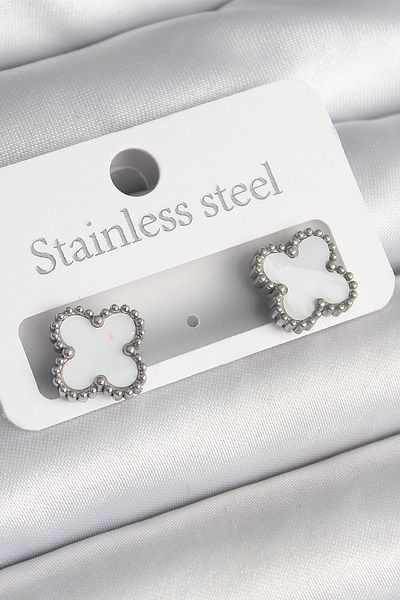 costurera 316L Steel Silver Color White Clover Model Women's Earrings - Tj-Bkp10200