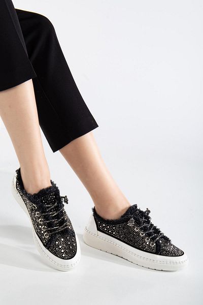 Dilimler Ayakkabı Black Stone Laced Denim Material Sister Piano Shoes