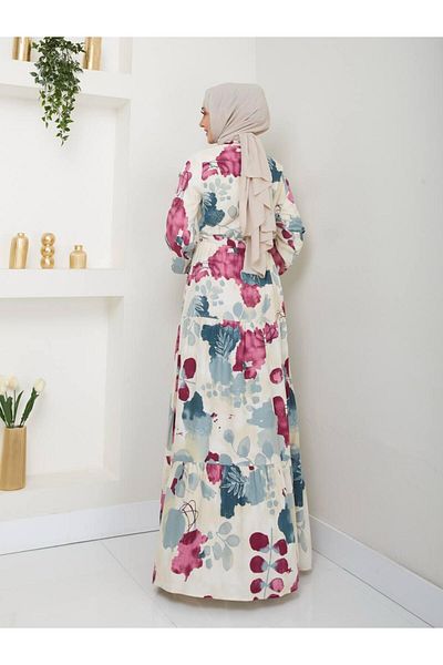QUAWEAR Round Crew Neck Waist Lace up Shirred Full Length Dress