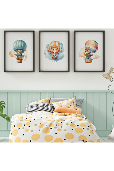 Balloon Themed Set of 3 - Lion, Bear, Squirrel - Natural Wooden Frame, Baby & Kids Room Table Set