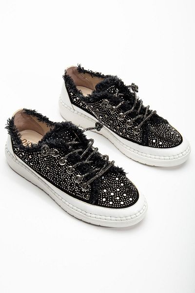 Dilimler Ayakkabı Black Stone Laced Denim Material Sister Piano Shoes
