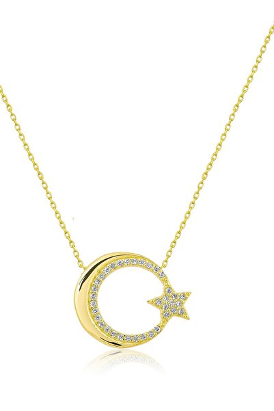 Papatya Silver Ay Yıldız Figürlü Altın Kaplama Nano Zirkon Kolye