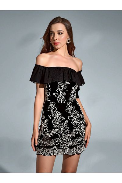 FASHION COCKTAIL Ασημί στενή φόρμα με βολάν off the Shoulder Mini Cocktail Invitation Special Occasion Βραδινό φόρεμα Μαύρο