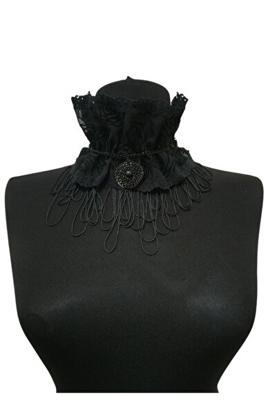 Perimir Gotik Viktoryen Tarz Dantel Choker – El Yapımı, Siyah Fırfırlı & Zinc...