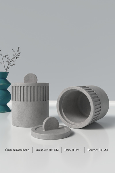 Cageartstudio Kapaklı Desenli Silindir Beton Saksı ve Mumluk Silikon Kalıp M3 -Mumluk Silikon Kalıp M3  8.6 x 8 cm