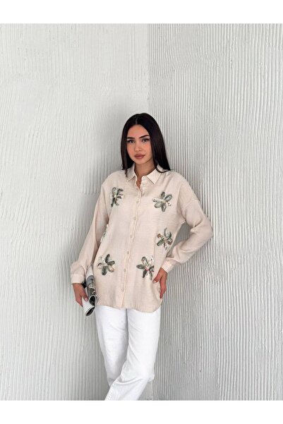 By Kuzey Aras Cămașă din in aerobin cu broderie florală Florasoft