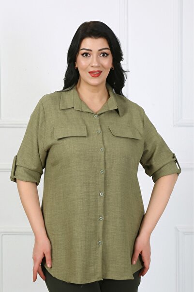 özle fashion Cepli Yumuşak Keten Büyük Beden Tunik Gömlek