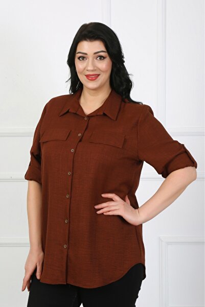 özle fashion Cepli Yumuşak Keten Büyük Beden Tunik Gömlek