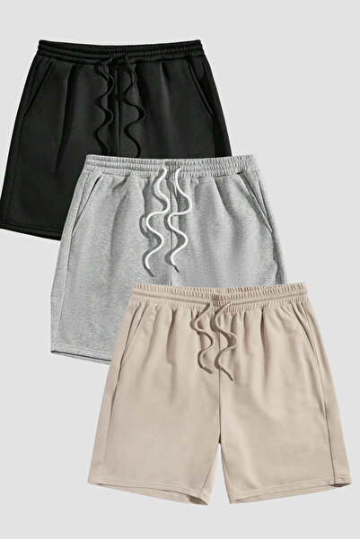 NAKRUF Ανδρικό κανονικό μαύρο γκρι μπεζ 3 τεμάχια μονόχρωμο καλοκαιρινό σορτς