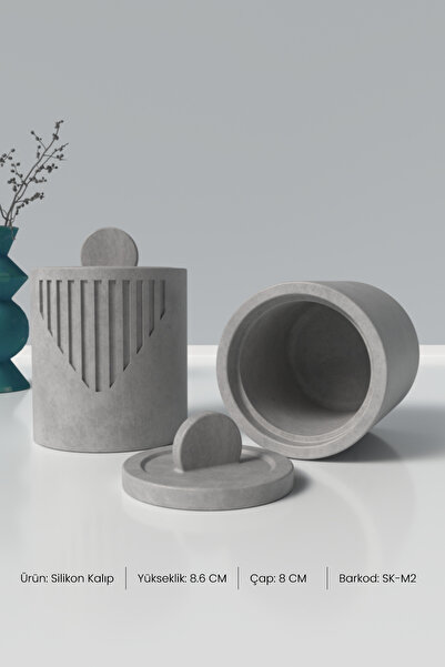 Cageartstudio Kapaklı Desenli Silindir Beton Saksı ve Mumluk Silikon Kalıp M2...