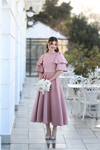 AYŞEYAMAÇLI KADIN GÜL KURUSU DİANA KAYIK YAKA MİDİ BOY ABİYE ELBİSE