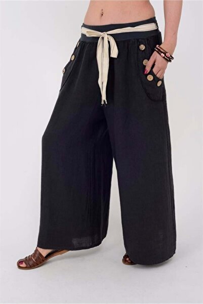 EREN STYLE İtalyan Korsajlı Düğme Detay Otantik Kemerli Bol Paçalı Keten Pant...