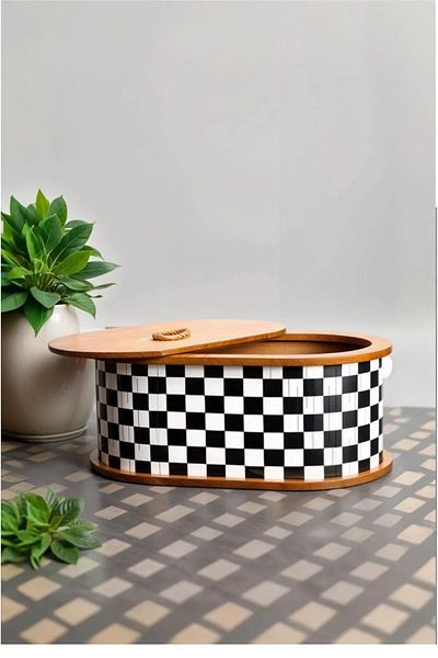 Turkco Patterned Wooden Bread Bowl with Lid Modern Storage Solution for Your Kitchen 34X21X15Cm
