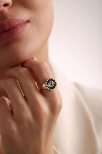 Sembol Gold Evil Eye Altın Yüzük Opal Taş Özel Tasarım