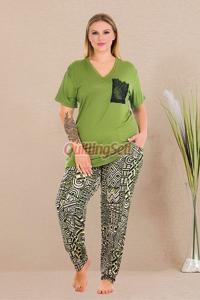 quilling Green Color and Pattern 11002 Short Sleeve Women Plus Size Mother Pajamas Set