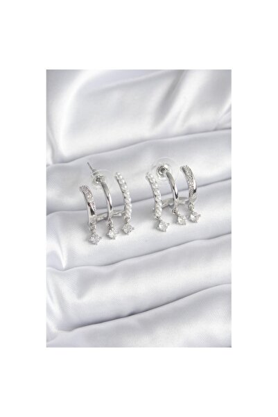 Skygo Brass Silver Color Zircon Stone Detail Women's Earrings with Pearls - Tj-Bkp9748