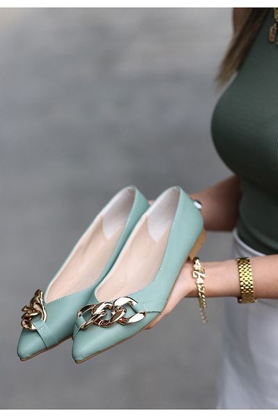 Lisinya Mint Green Leather Chain Ballerina Shoes