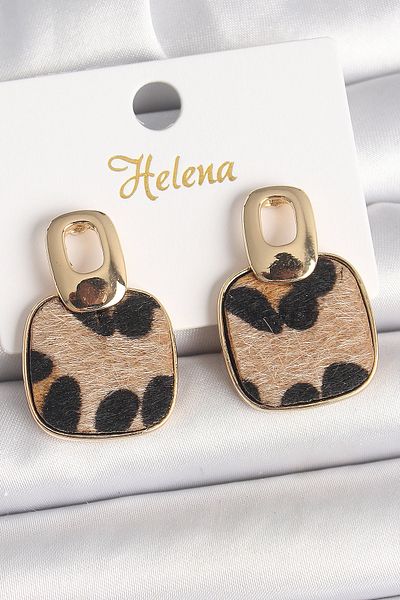E BULURUM Brass Gold Color Hanging Square Leopard Model Women's Earrings