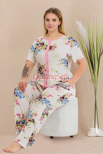 quilling Floral Pattern, White Color Short Sleeve and Buttoned Collar 11015 Women's Plus Size Mother Pajamas Set