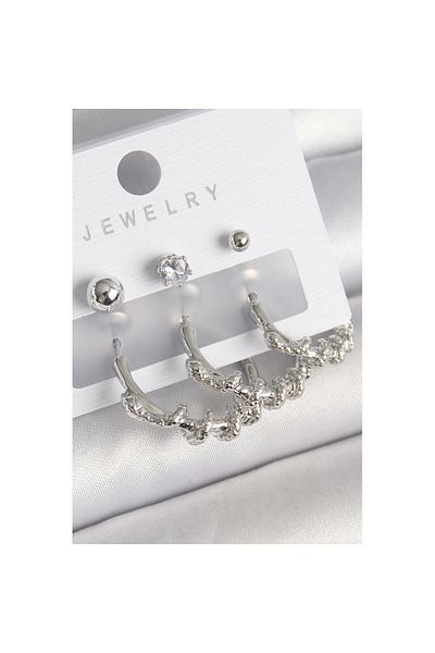 Skygo Silver Color Zircon Stone Women's Earring Set - Brass Spiral Snake Hoop Details