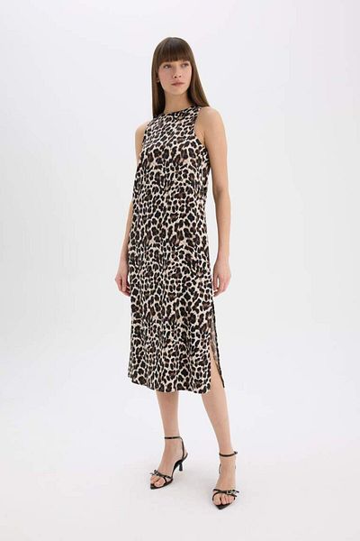 DeFacto New Season Leopard Print Round Neck Satin Sleeveless Midi Evening Dress