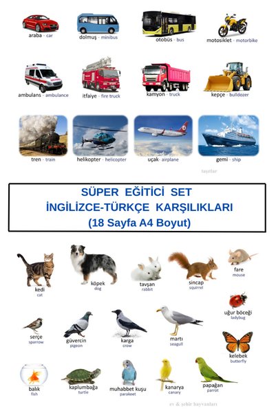 Organik Yolda SÜPER EĞİTİCİ SET, Araçlar, Hayvanlar, Meyveler, Yemekler vb. İNGİLİZCE-TÜRKÇE (18 Sayfa A4 Boyut)