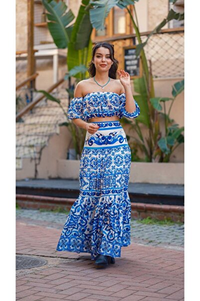 Miss Boheme Blue Patterned Skirt Crop Set
