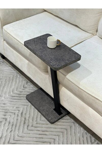 Generic Modern Coffee Table | C-Shaped Side Table with Grey Wood Top and Black Metal Frame 60x25x40 cm