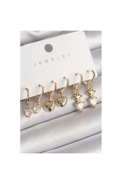 Skygo Brass Gold Color Dangle Zircon Stone Heart Shape Earring Set with Tac