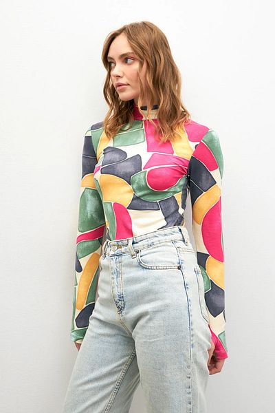 Yefrastore Faded Batik Multicolored Piece Patterned Finger Detailed Bodysuit