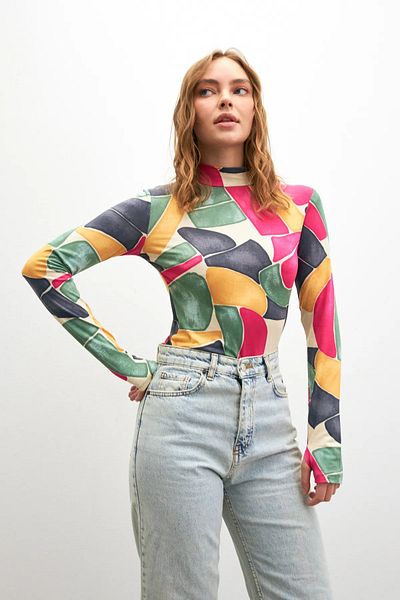 Yefrastore Faded Batik Multicolored Piece Patterned Finger Detailed Bodysuit