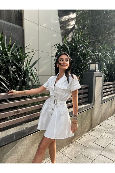 MEECY Rochie de damă din Gabardină albă cu curea