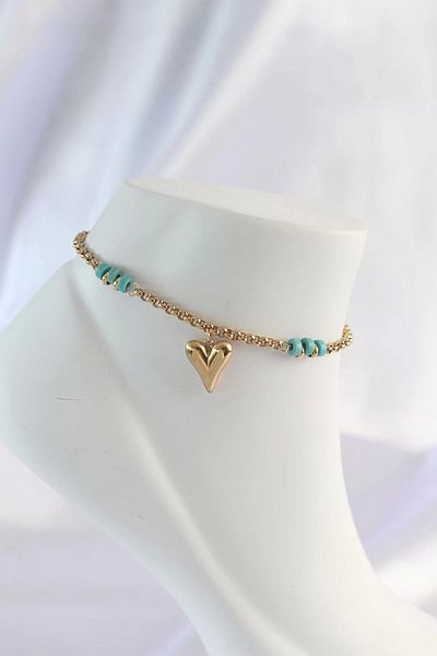 Hepta Collection 316L Steel Gold Color Blue Stone Detail Heart Anklet