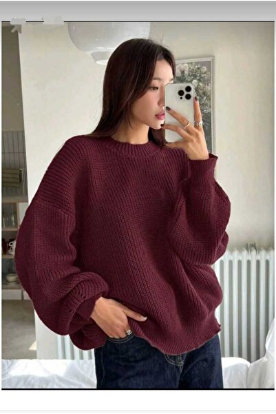 trikomode Pulover de damă oversize cu gât roșu Claret