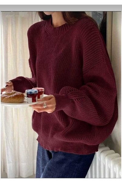 trikomode Bordo Bisiklet Yaka Oversize Kadın Triko Kazak