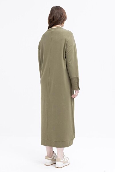 ALLDAY Φόρεμα με μανσέτα χακί με ριμπ και λεπτομέρεια με κουμπί Lycra Plus Size