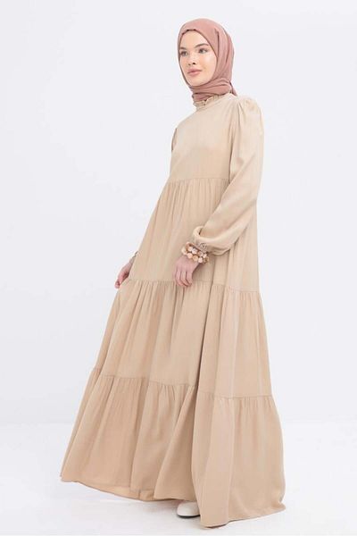 ALLDAY Beige-Collar Ruffle Detailed Shirred Dress