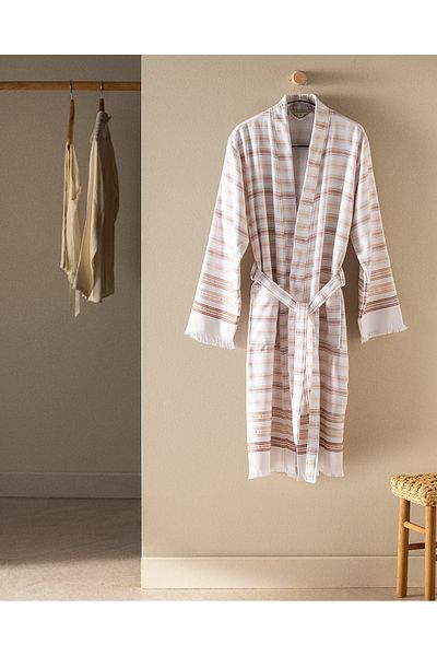 Madame Coco Guamod Kimono Cotton Unisex Bathrobe - White/Beige