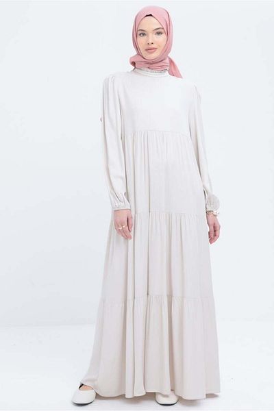 ALLDAY Ruffle Detailed Shirred Dress with Stone Collar