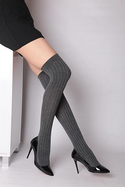 Daymod Rib Viscose Knee Socks ΜΑΥΡΟ ΓΚΡΙ