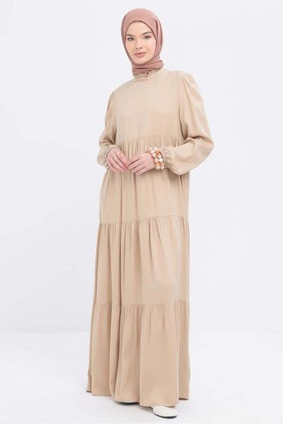 ALLDAY Beige-Collar Ruffle Detailed Shirred Dress