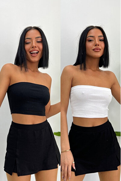 KaSheHa 2'li Paket Beyaz Siyah Tam Esnek Fitilli Kumaş Straplez Büstiyer 25 Cm