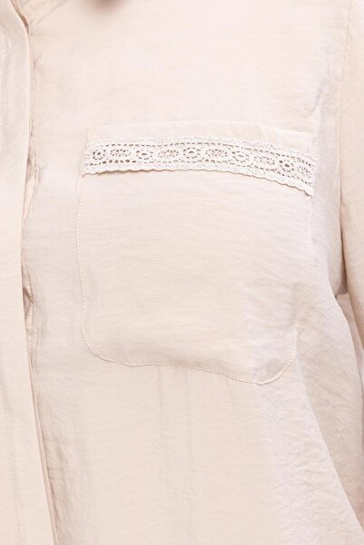 ALLDAY Beige-Stripe Lace Detailed Large Size Modal Shirt