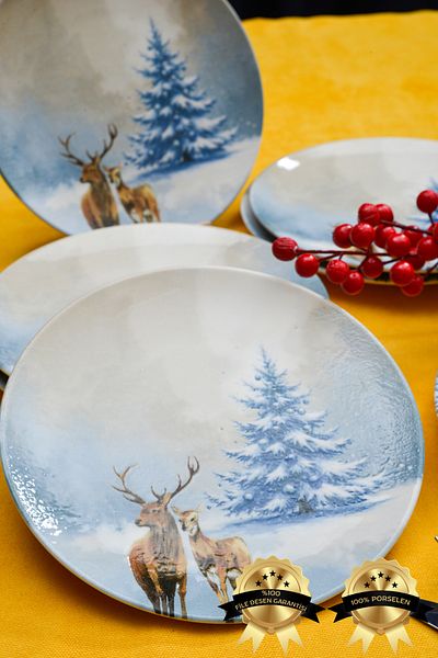 Heda Porselen Blue Deer 7 Piece Porcelain Cake Plate Set
